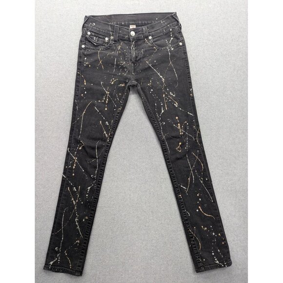 True Religion Jeans Mens 31 Black Skinny Flap Paint Splatter Stretch Denim - Picture 1 of 16